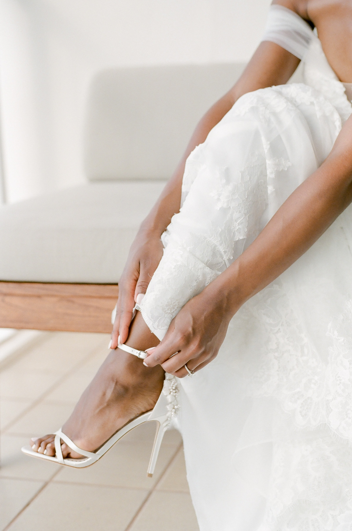 pronovas lace off the shoulder wedding dress with bella belle heels