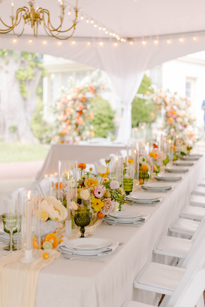 long wedding table at lairmont manor in an array of cirtus colors
