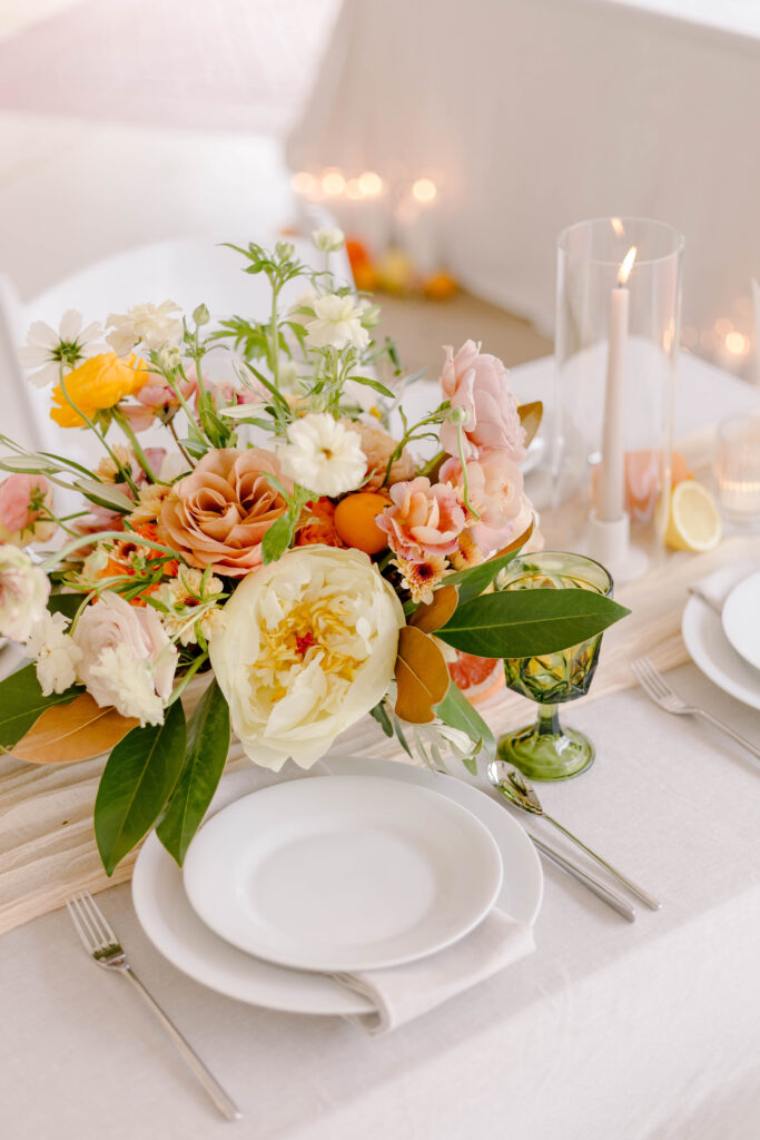 summer wedding colors with peach, orange, yellow and pink flowers