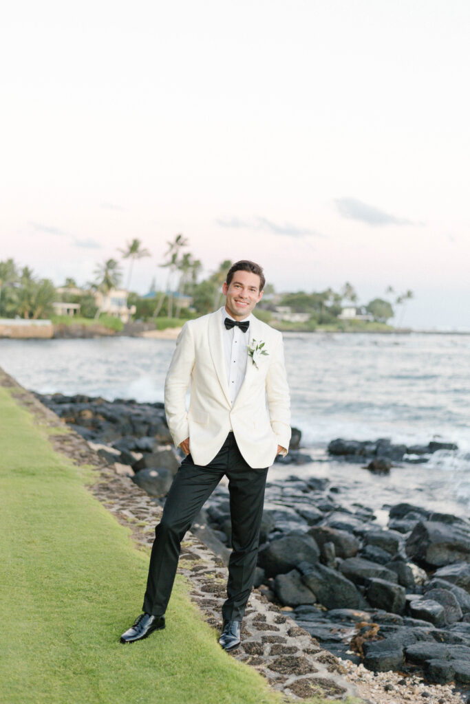 Groom portraits at Corinne & Nathans Wedding in Kauai at The Beach House Restaurant