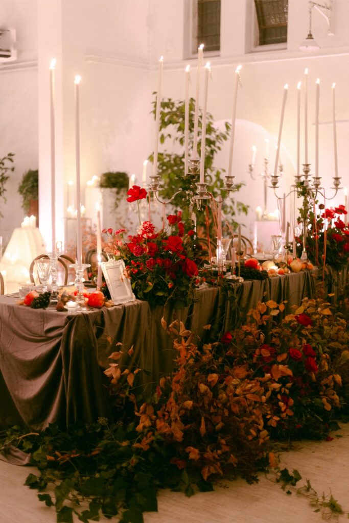 Ireland Wedding welcome dinner sweetheart table fall foliage
